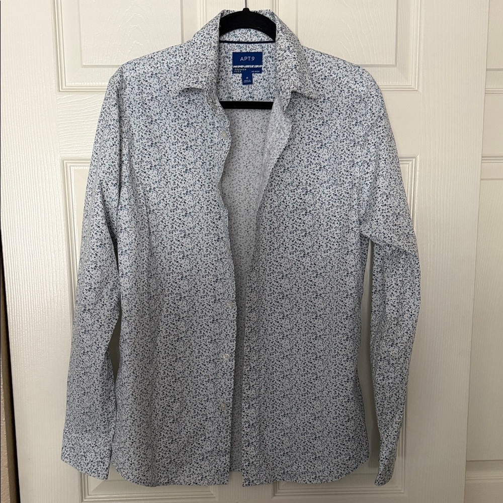 Apt. 9 White Button-Down Shirt with Blue Micro Floral Print